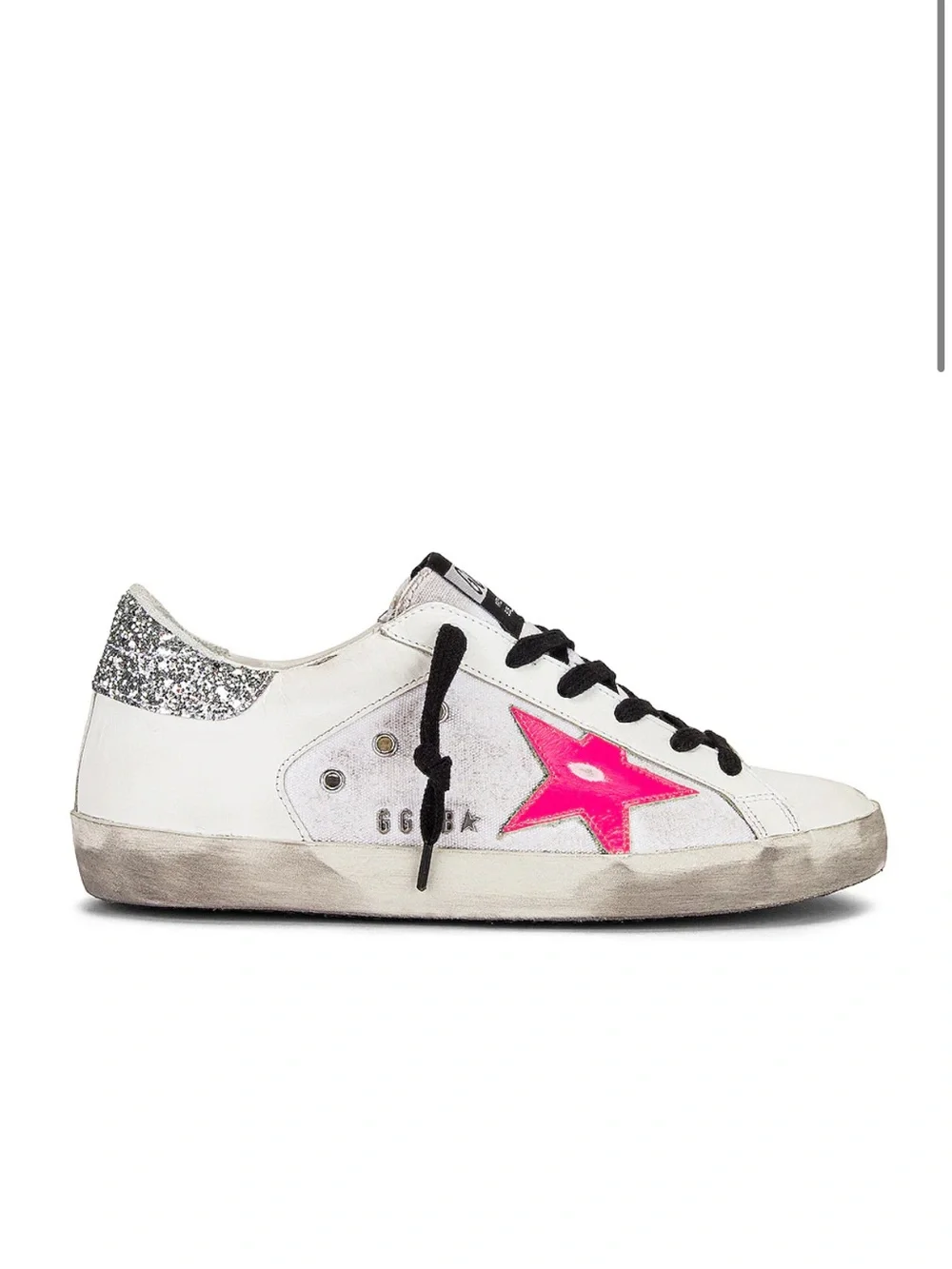 Golden Goose White Sneakers with Hot Pink Star and Black Laces